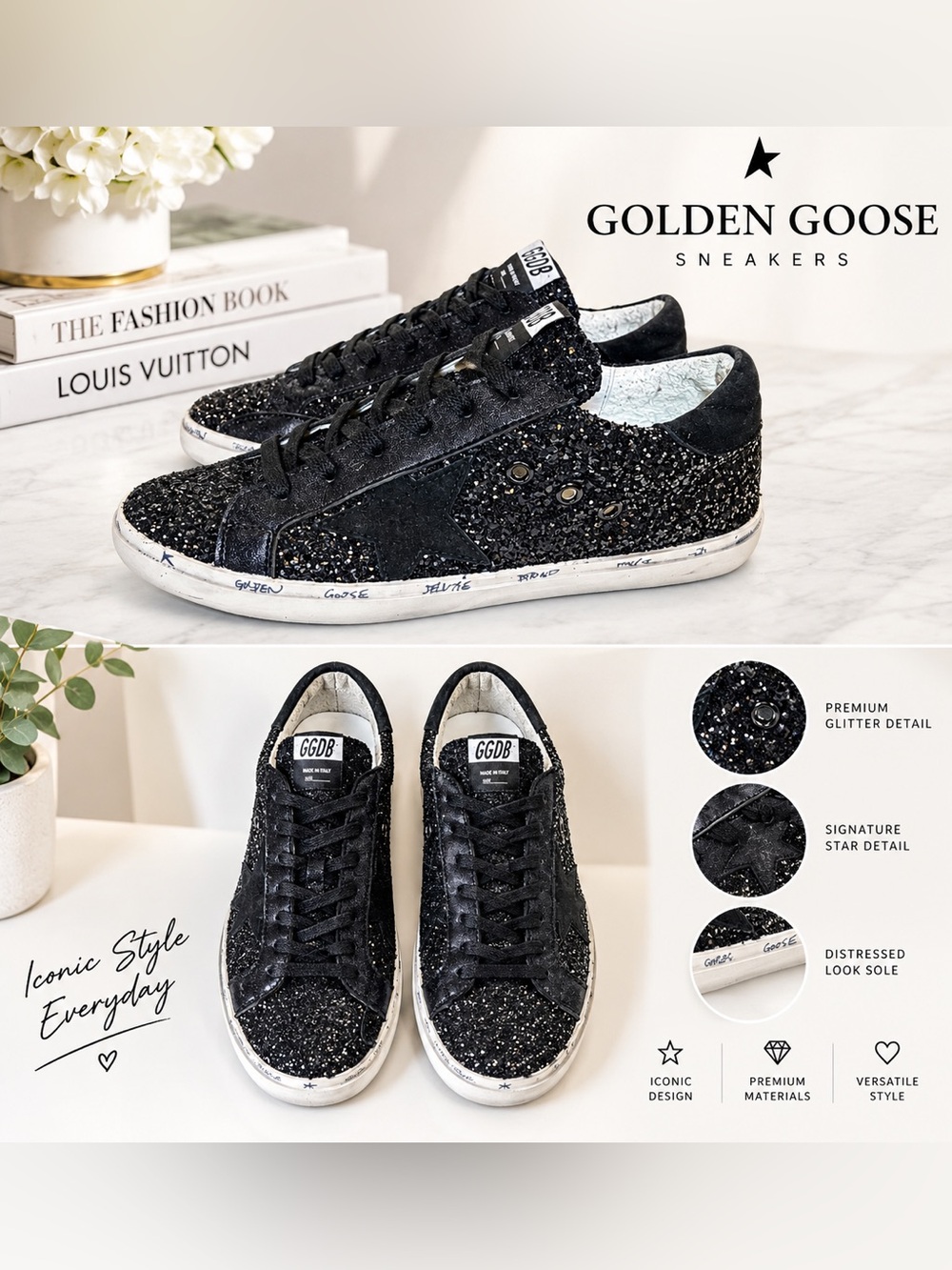 ✨ Golden Goose GGDB Super-Star Black Glitter & Suede Sneakers (EU 40 / US 10 W)